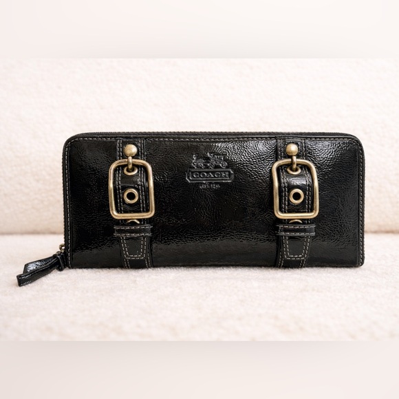 Coach Handbags - Coach Black Patent Leather Zip-Around Wallet with Brass Buckle Accents